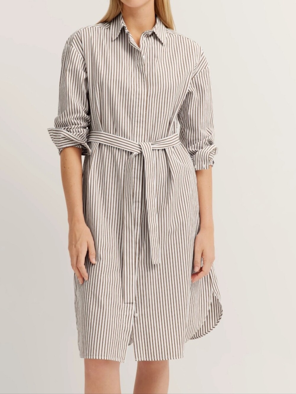 Striped Shirt Midi Dress with Self Tie - Black & White
